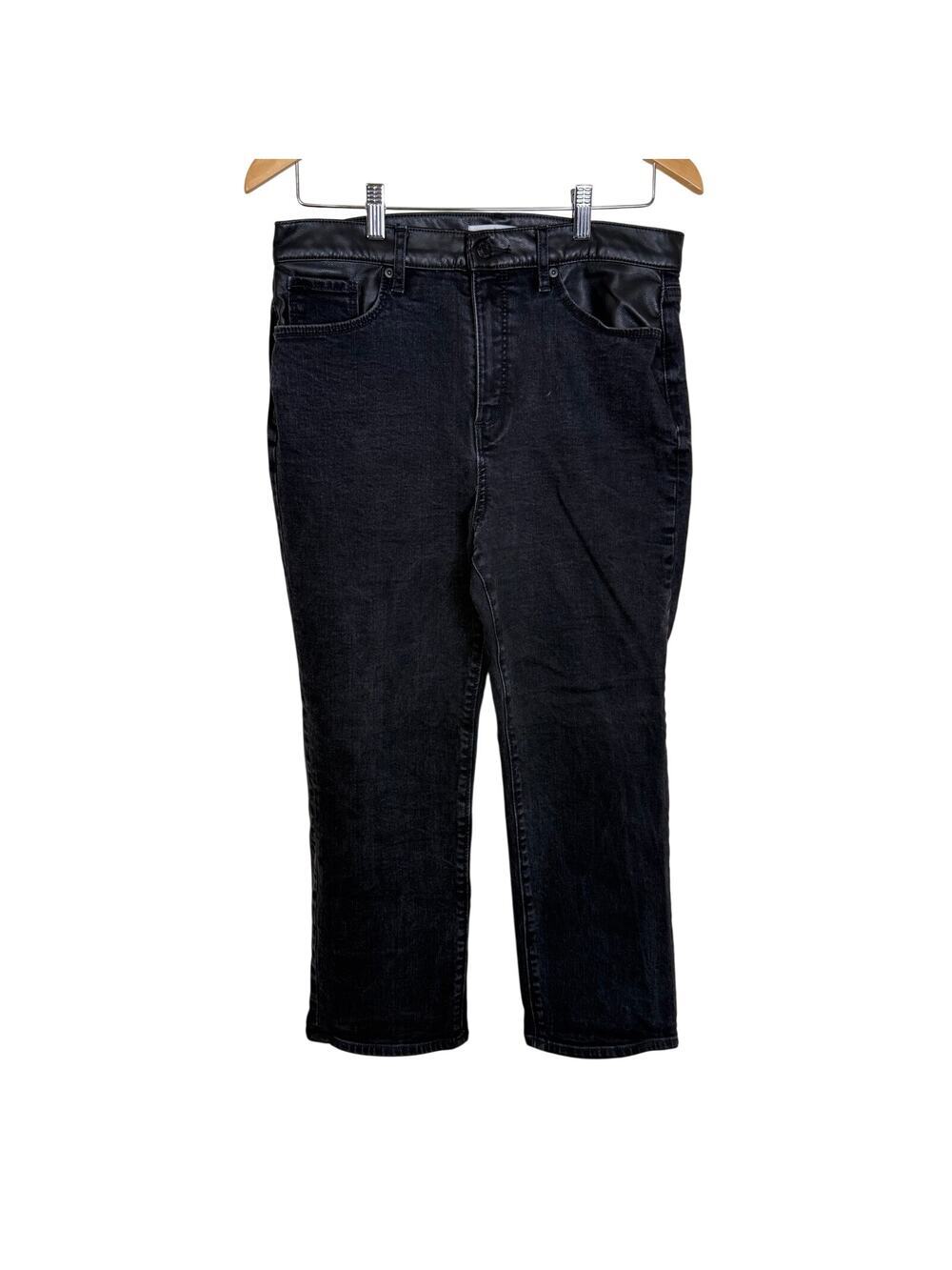 LOFT The Straight Black Jeans with Faux Leather Waistband 29/8 Petite Edgy Chic